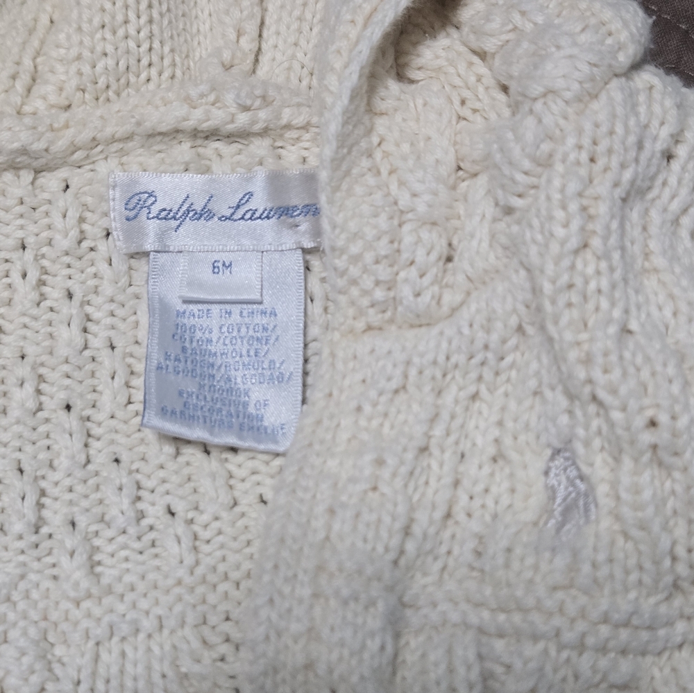 Ralph Lauren cable knit jacket attached hood embroidered pony ivory baby girl 6M - Picture 6 of 9